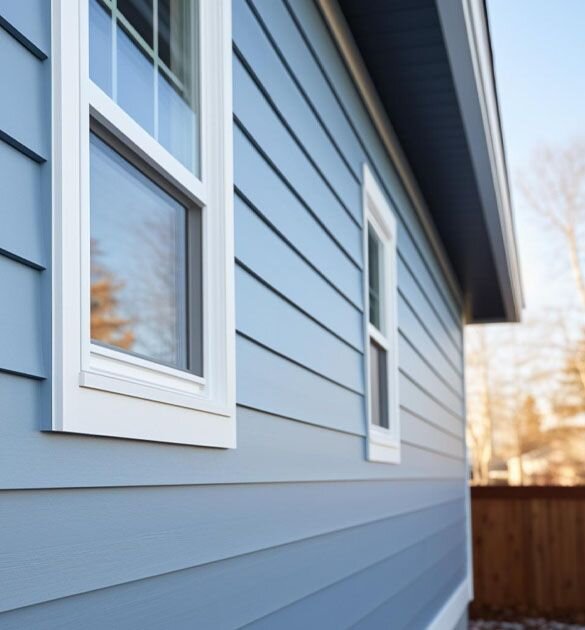Side shot of a home with blue siding